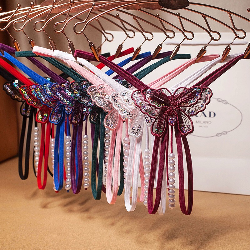 Cross-Border Butterfly Pearl Panties Women's Sexy Embroidered Open Massage Sexy Transparent Mesh Low Waist Thong