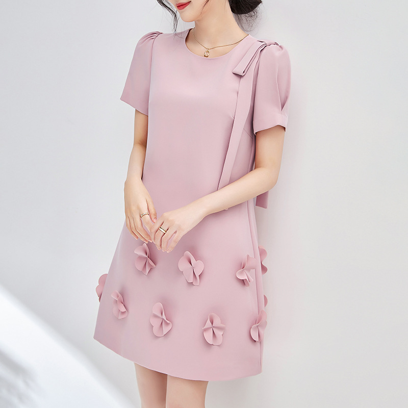 Đầm suông nữ midi tay ngắn mùa hè — 2415304 - Hồng chi tiết 1