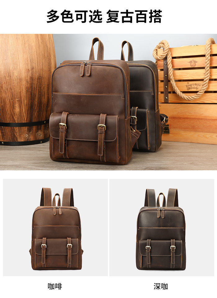 Ba lô nam da bò thật da ngựa điên phong cách Âu Mỹ cổ điển dung tích lớn 32×13×38 cm kèm ngăn laptop 15 inch — màu đen, Màu cà phê, Màu nâu đậm chi tiết 16