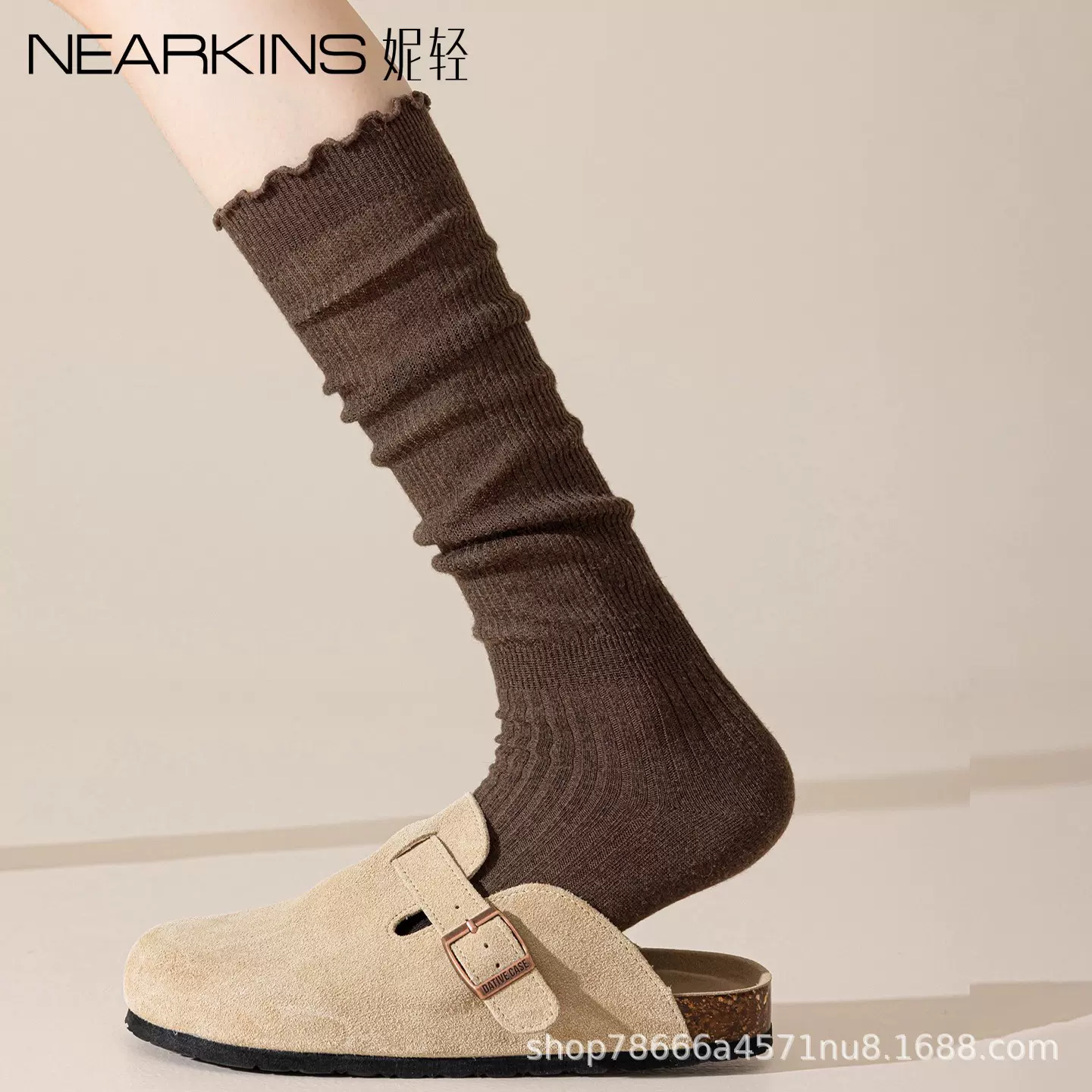 美拉德咖色羊毛堆堆袜子女中长筒袜春秋棕色木耳边小腿袜配勃肯鞋