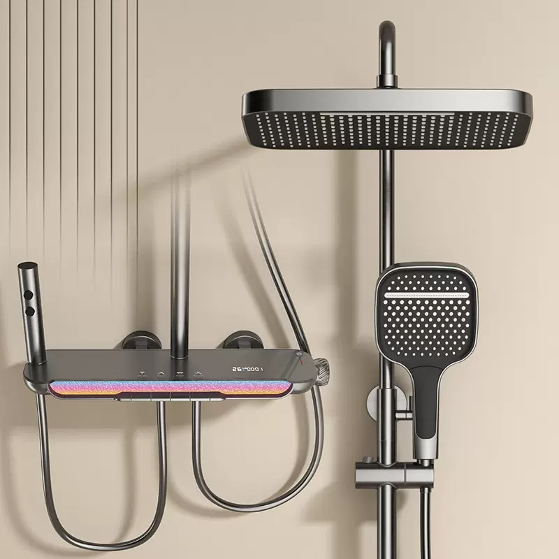 枪灰色网红氛围灯智能数显花洒四挡钢琴按键家用浴室淋浴花洒套装