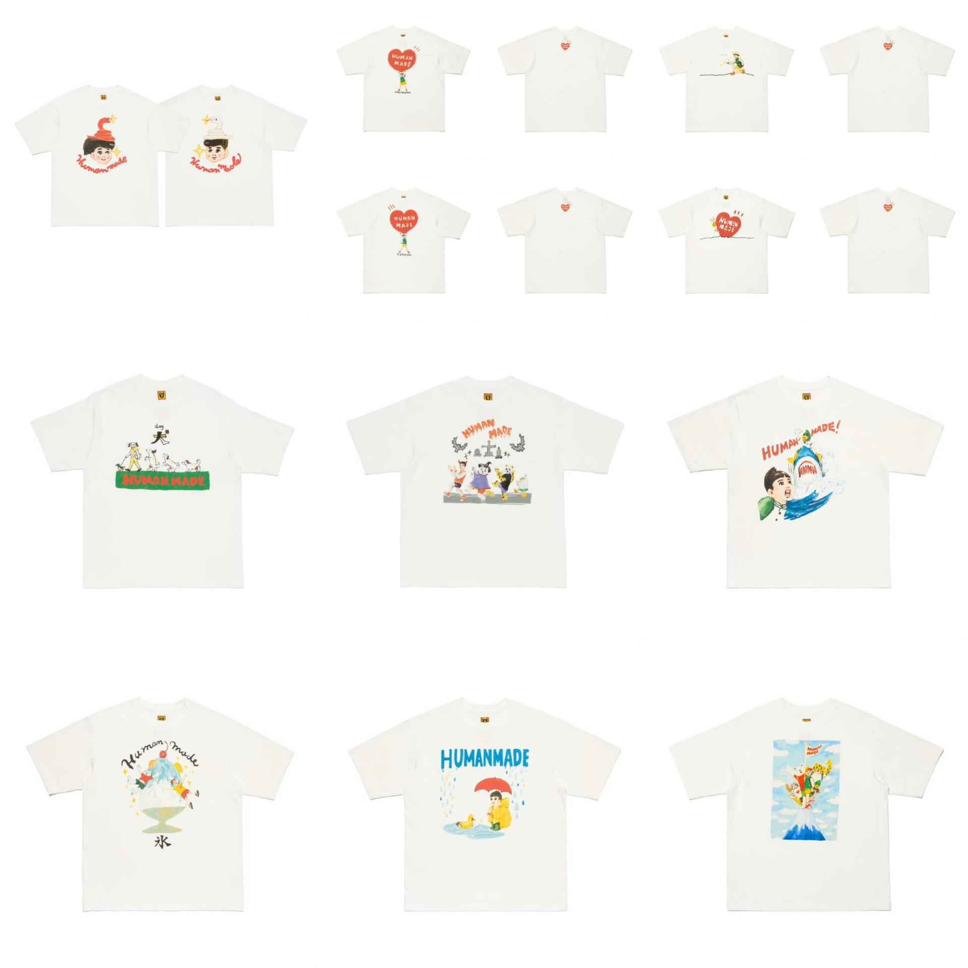 25Ss Japanese Trendy Brand Human Retro Cartoon Print Hm Short-Sleeved T-Shirt for Men and Women, Loose Round-Neck Top for Couples