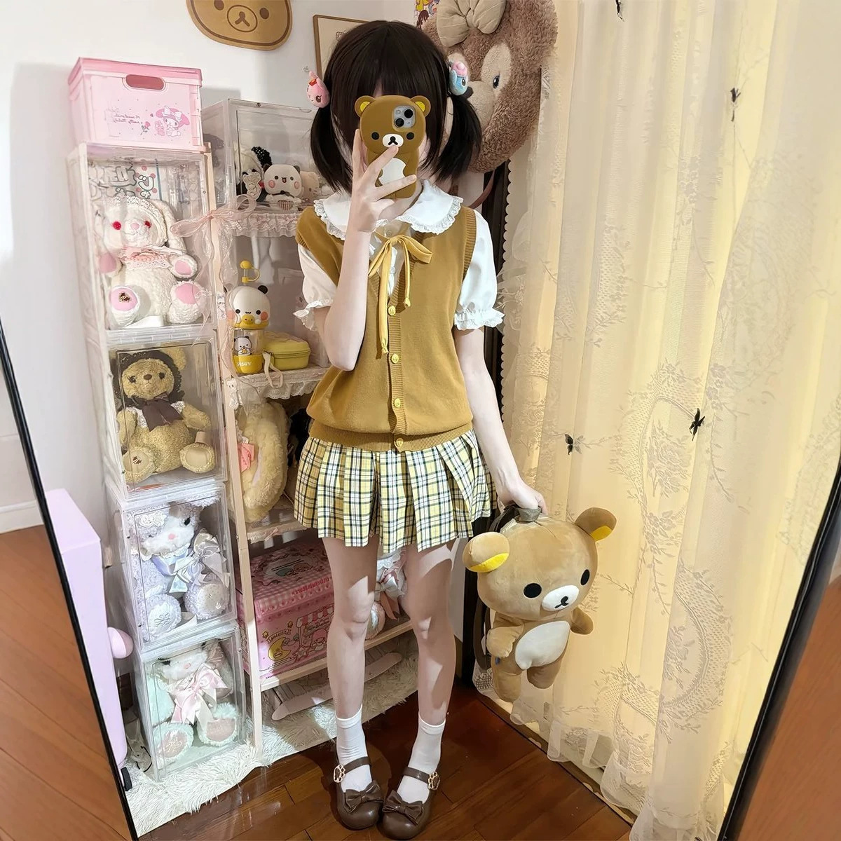 软妹马甲叠穿夏日系V领开衫校供感无袖毛衣小杏中JK格裙纯色基础