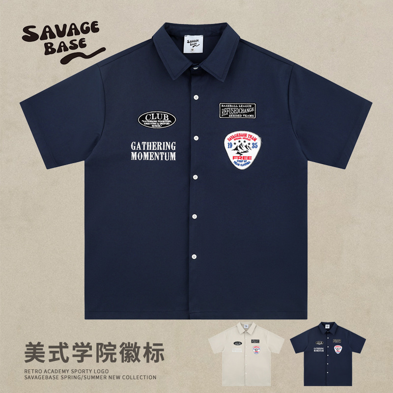 2025 Summer New Arrival Ami Khaji American Style College Style Tooling Shirt Motorcyclists Badge Sticker Embroidered Shirt