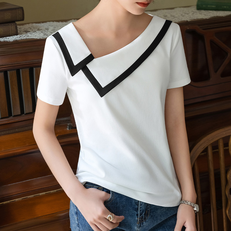 Camiseta de manga corta para mujer, estilo nuevo de verano 2025, camiseta de algodón con cuello en V y hombros caídos estilo francés con diseño de cuello en contraste de color.
