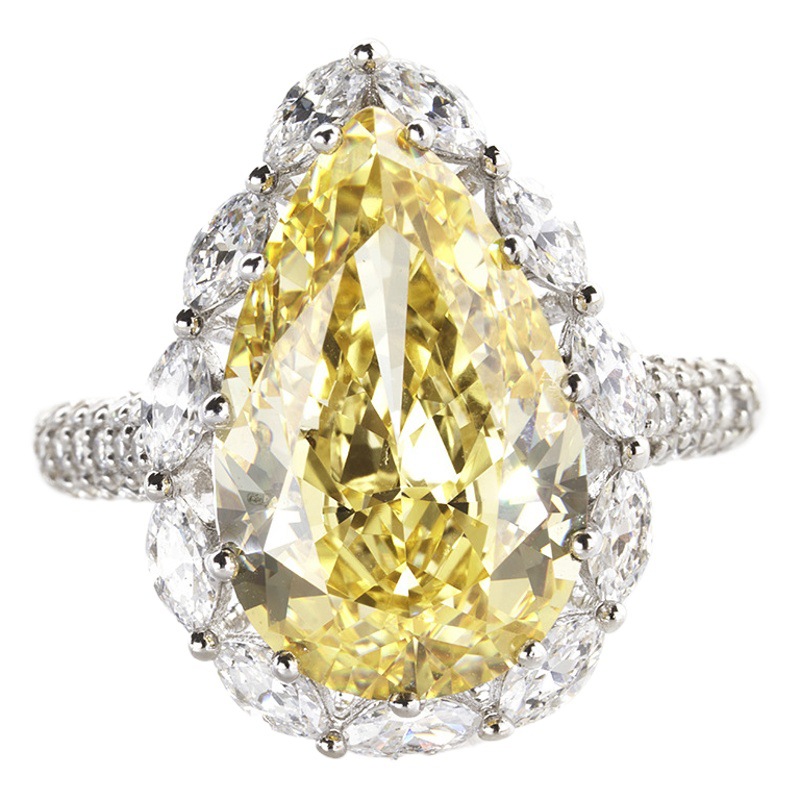 En forma de pera en forma de gota corte amarillo alto carbono diamante anillo de 6 quilates diamante grande Super Flash diamante artificial anillo femenino