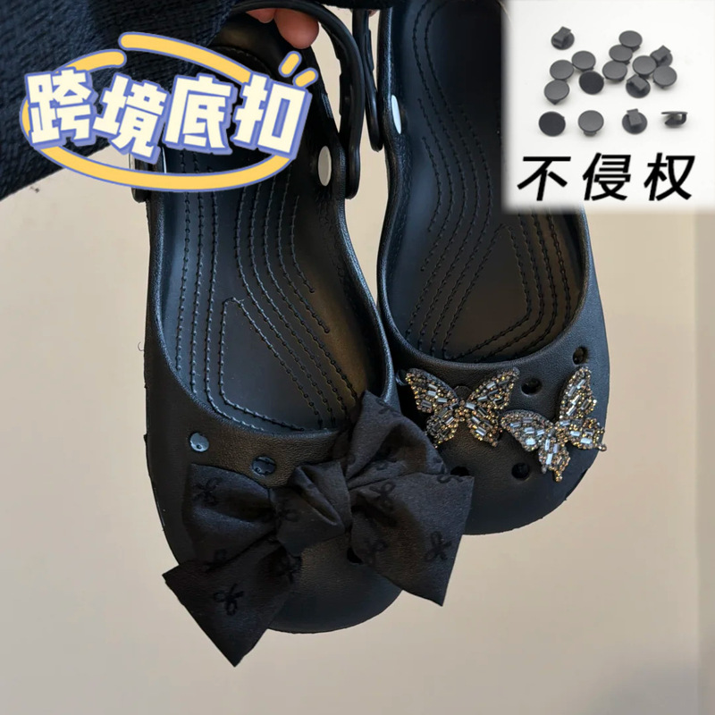 Dark Style Girl Shoes with Floral Shoe Buckles, Paired with Ballet Clogs, Featuring Cool Rhinestone Butterfly 3D Detachable Decorations Wholesale