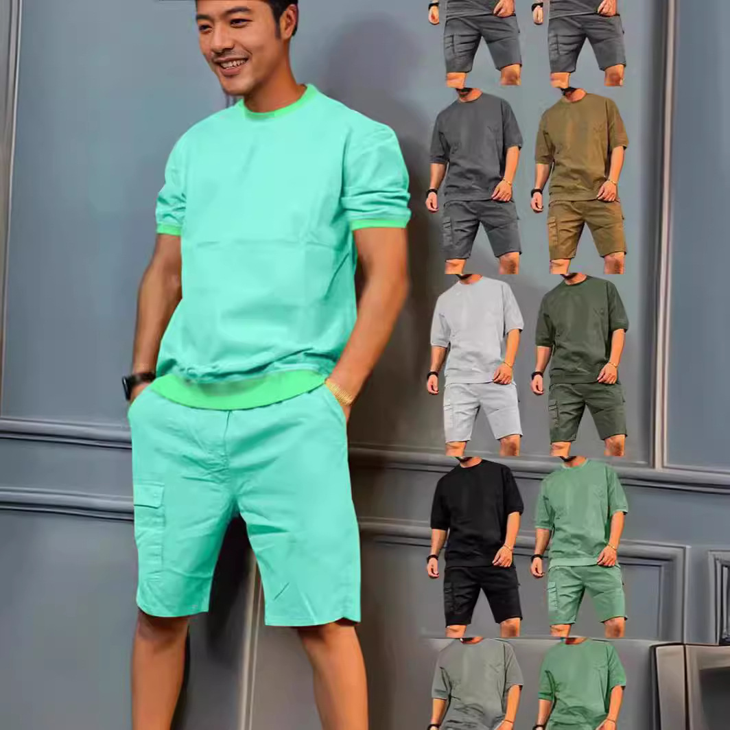 국경 2024 여름 남자 스포츠 세트 작업복 멀티 백 5 점 바지 캐주얼 비치 반팔 반바지 남자 세트