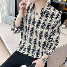 夏季男士冰丝七分袖衬衫新款凉爽大码帅气衬衣翻领中袖花寸衫上衣