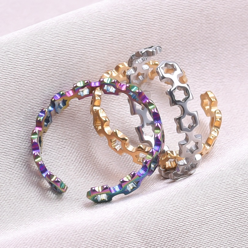 5g Weight PVD Coated Gold Plating Process PVD Coated Real Gold Plated 18K Gold Star 304 Stainless Steel Streetwear Waterproof Non Tarnish Open Ring