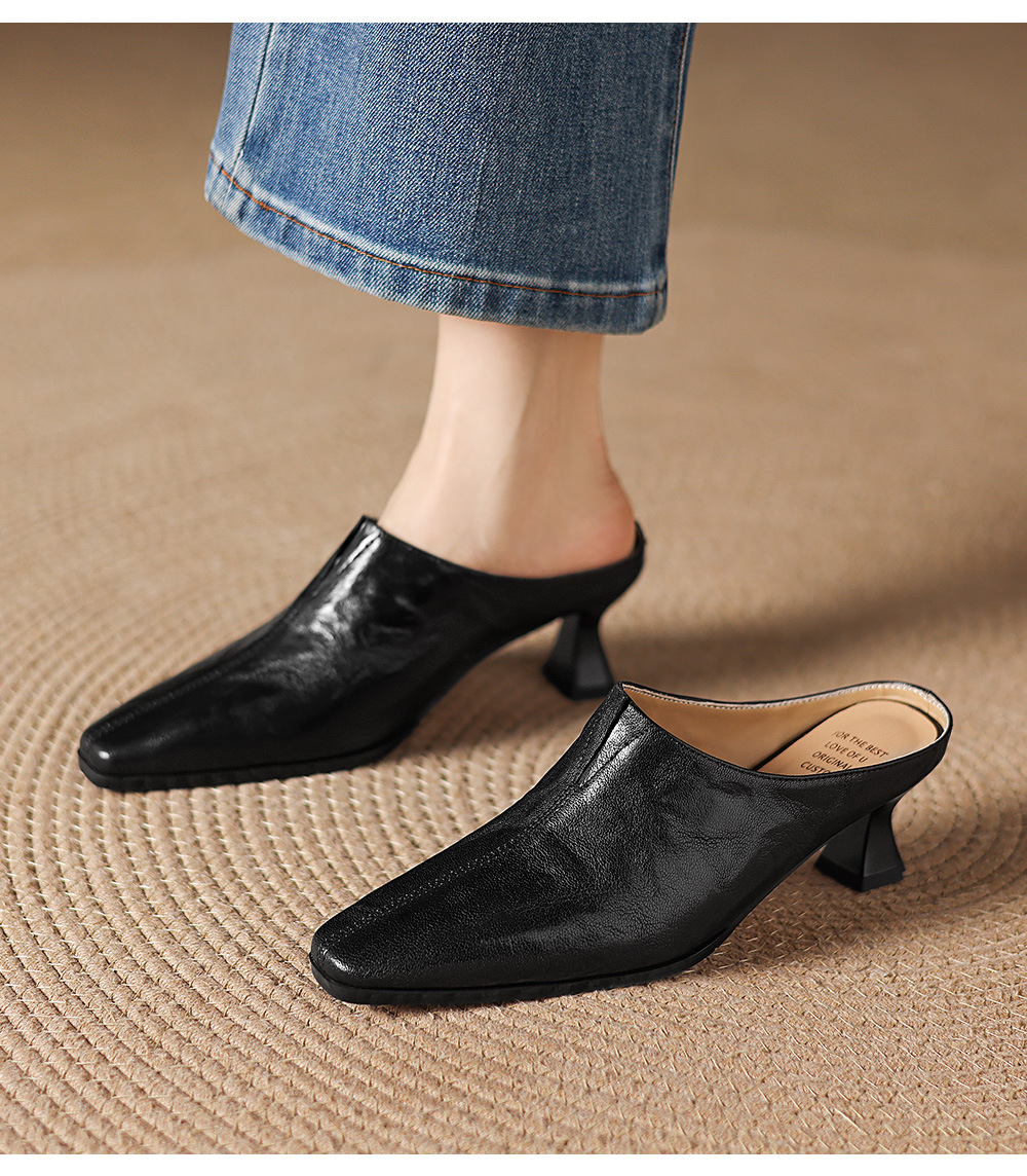 Sandal nữ bít mũi cao gót thô 5 cm, da bò mùa xuân hè — đen chi tiết 7