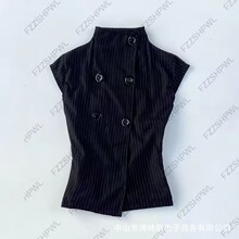 外贸法式条纹双排扣立领通勤修身显瘦简约气质外搭衬衫立领上衣