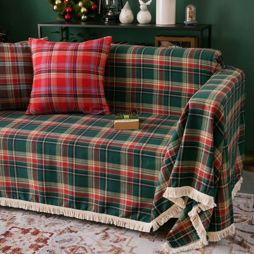 Yimanqiyun sofa towel multi-functional cover towel Christmas green yarn-dyed plaid retro factory direct supply