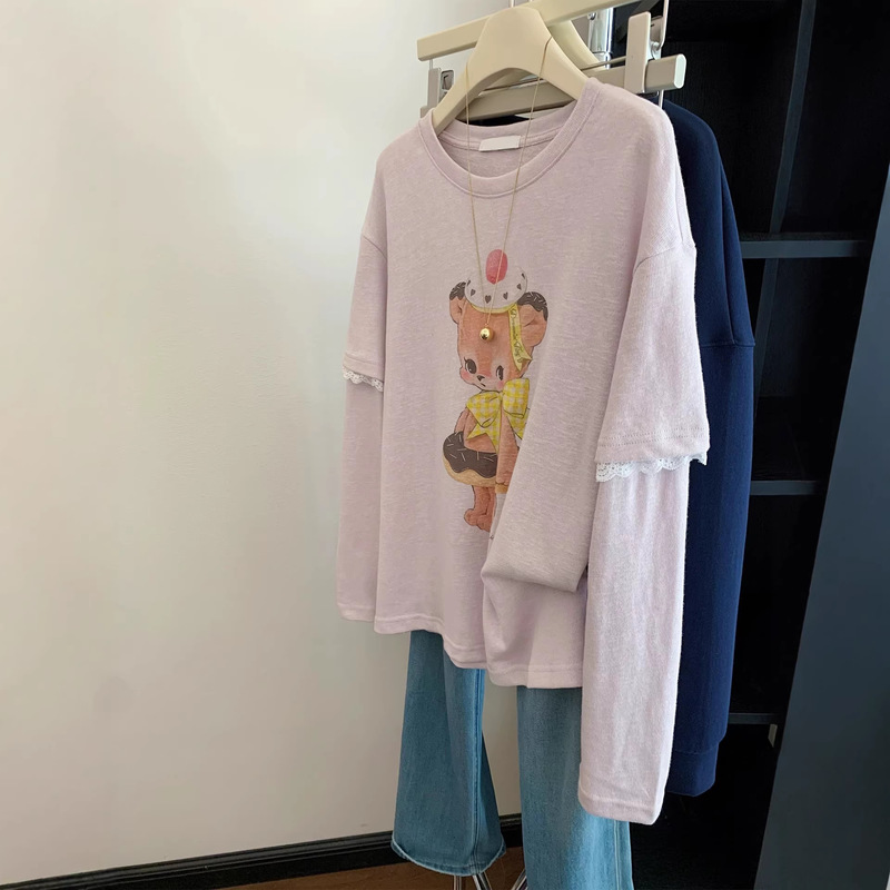 Cross-Border Plus Size 120kg Pink Bear Print Pure Cotton Spliced Lace Long-Sleeve T-Shirt Women's Trendy Top Cross-Border Plus Size 120kg Pink Bear Print Pure Cotton Spliced Lace Long-Sleeve T-Shirt Women's Trendy Top