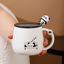 新款卡通熊猫马克杯带盖勺陶瓷水杯早餐情侣咖啡杯伴手礼杯子批发