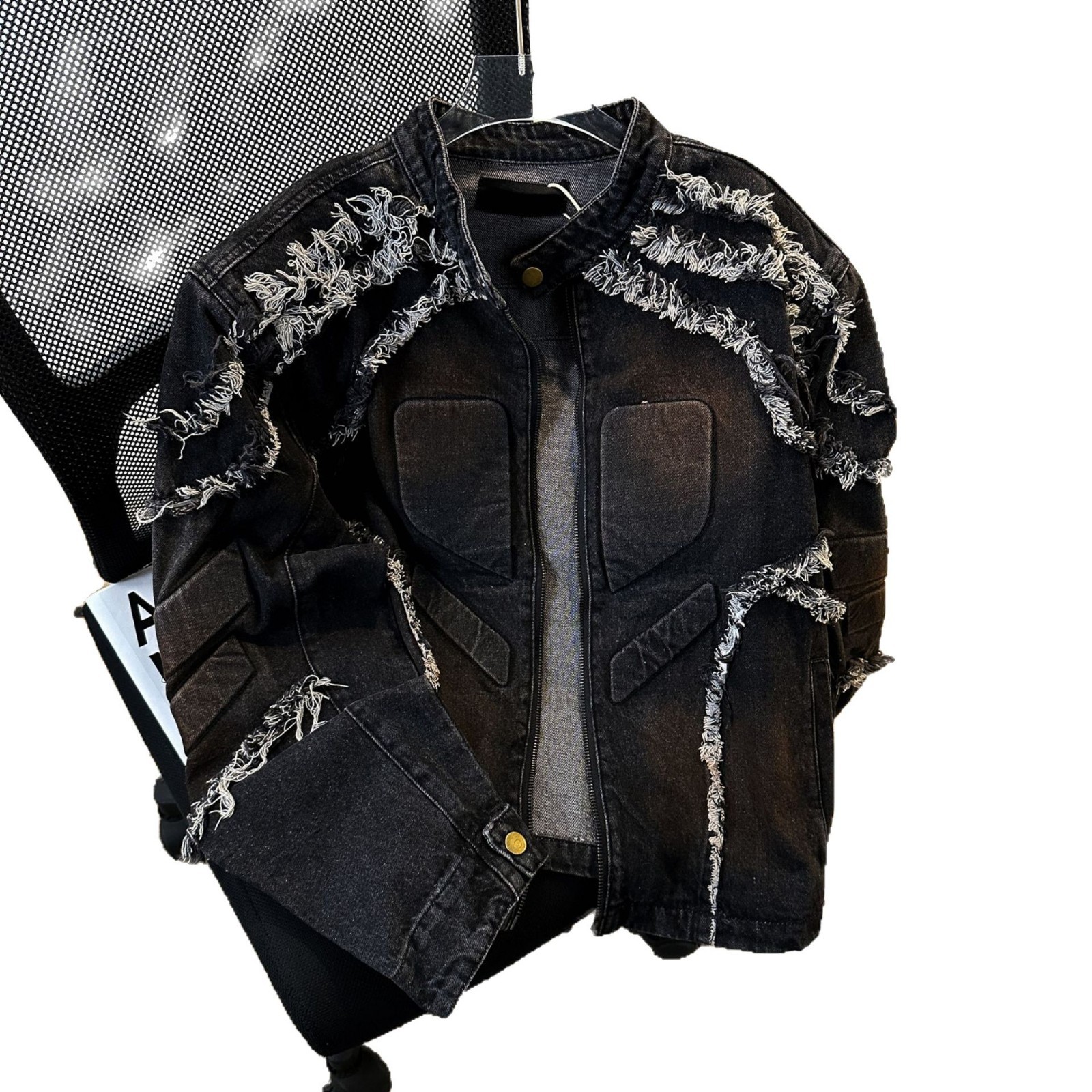 Embossed Fringed Shoulder Padded Denim Jacket, Retro And Cool Top, Stand Up Collar, Trendy Brand Motorcycle Jacket_voghion.com