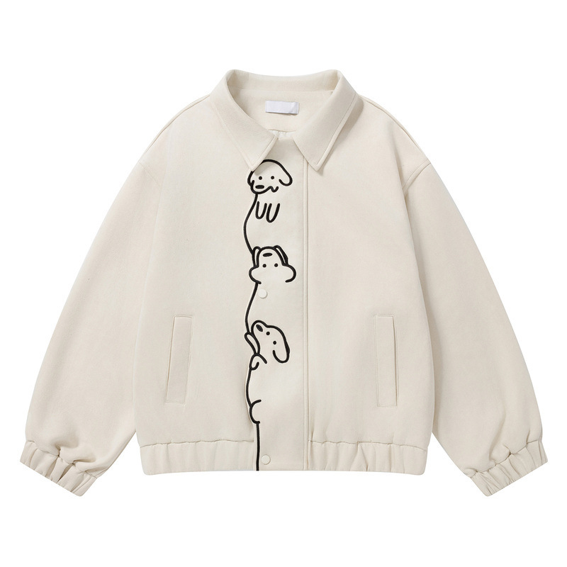 Apricot-colored short jacket with a turn-down collar, vertical line drawing of a puppy embroidered on the hem, elastic cuffs, cute casual jacket for women Apricot-colored short jacket with a turn-down collar, vertical line drawing of a puppy embroidered on the hem, elastic cuffs, cute casual jacket for women