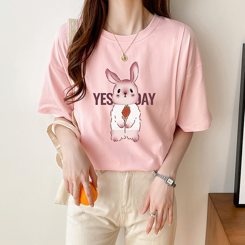 6597-108 핑크 인쇄 된 핑크 토끼 딸기 [느슨한 버전 짧은 소매]]