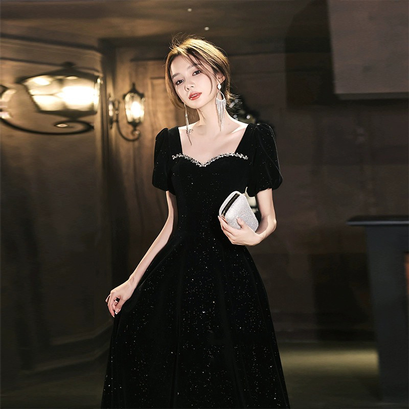 Black Evening Dress for Women 2026 New Style Banquet Host Dress High-End Velvet Annual Meeting Art Exam Performance Dress