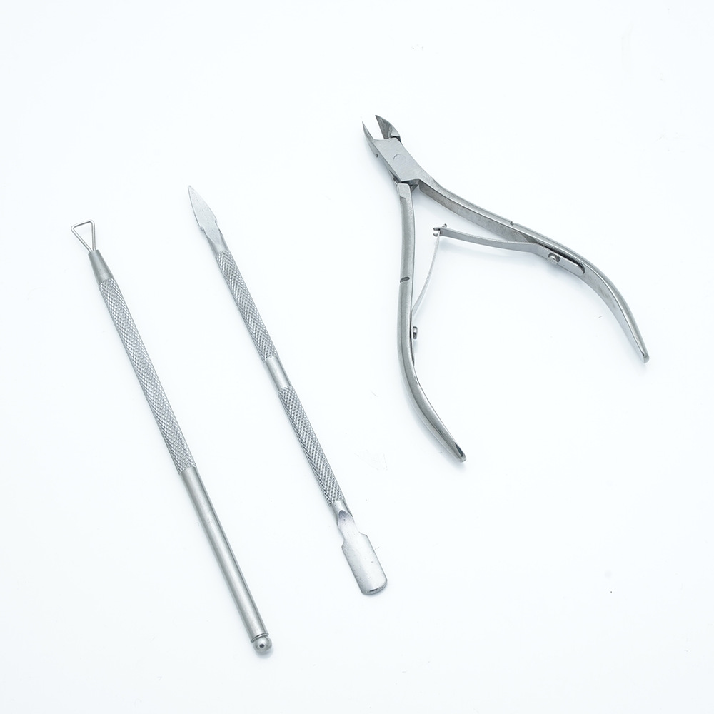 Manicura, manicura, removedor de uñas, juego de tres piezas, corte de piel muerta de acero inoxidable, tamaño, juego de empuje de acero de doble cabezal, fábrica al por mayor