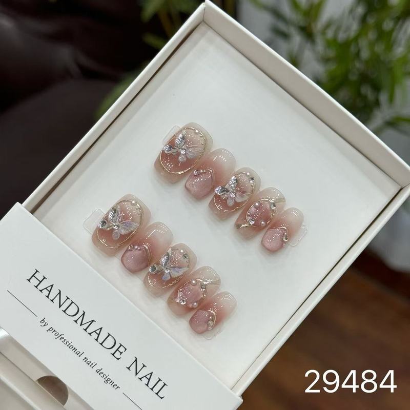 【純手作りのつけ爪29-32】ロングフレンチキャットアイパッチ付け爪、取り外し可能なネイルアートコレクション|undefined