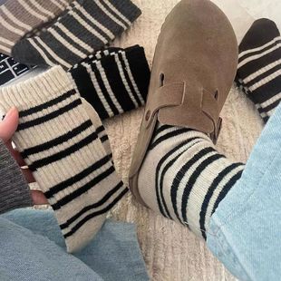 Socks Women's Mid-tube Socks Japanese Striped Socks Women's Color-matching Autumn and Winter Korean-style Thickened Warm Korean-style Outwear Sports Socks