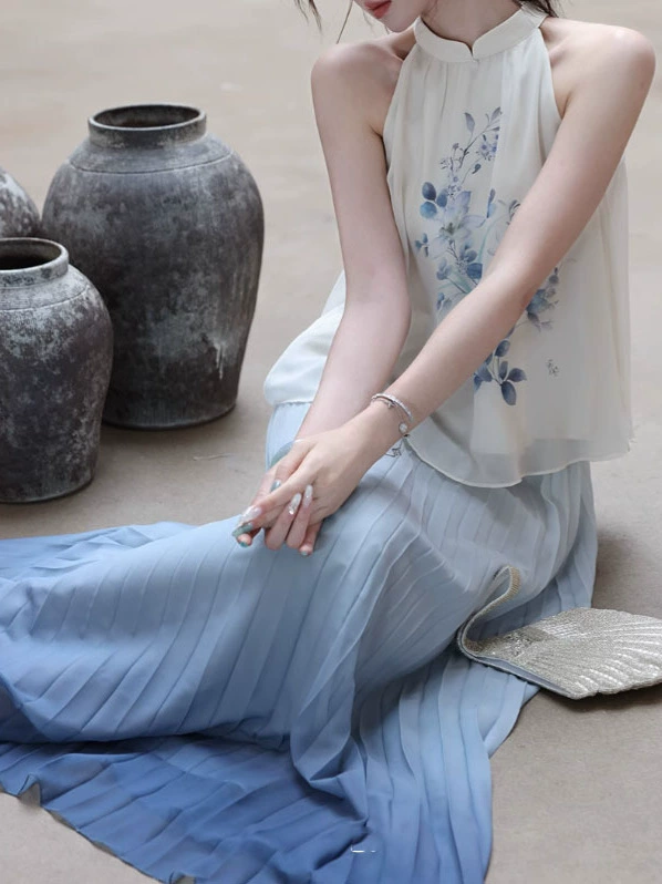 Новый китайский стиль [Коллекция Qingya] Стильный и элегантный топ и юбка для женщин, элегантный и стройнящий костюм