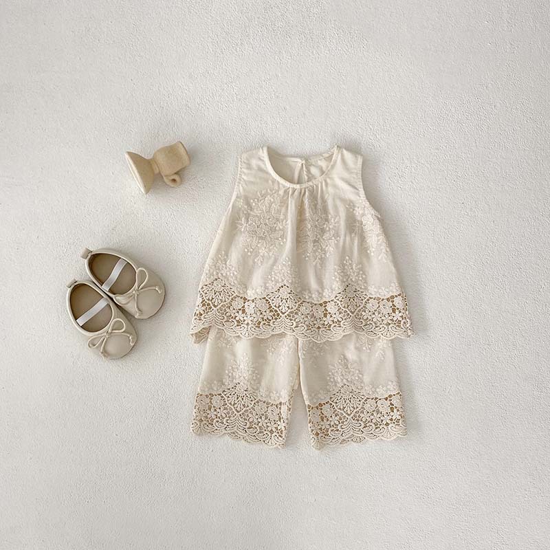2025 Korean Style Girls Suit Summer New Vest Skirt Two-Piece Set Baby Girl Lace Embroider Little Girl Clothes