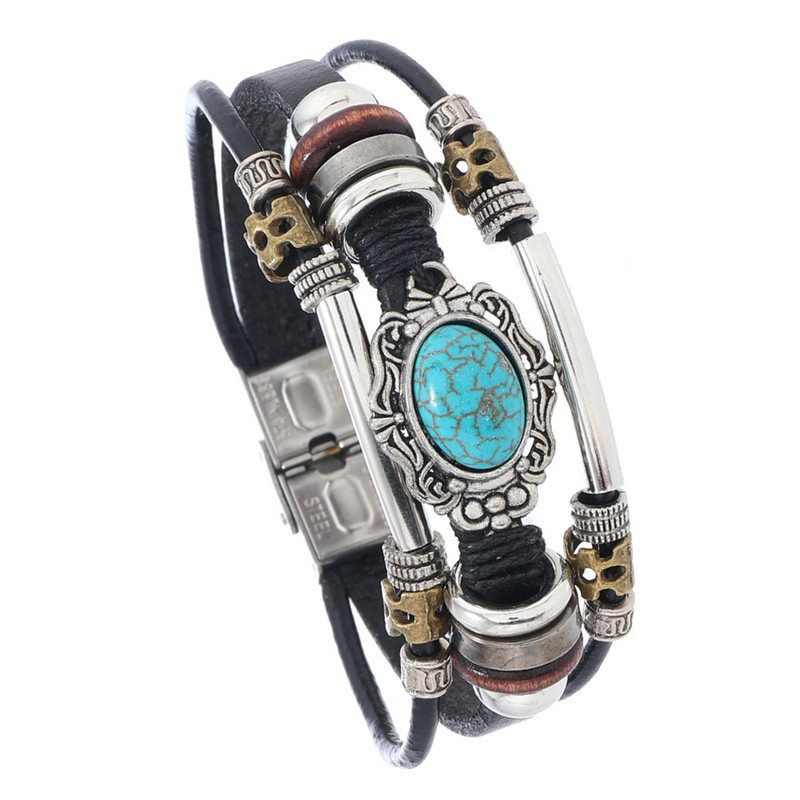 Cross-border Trade European and American Beaded Leather Bracelet Men's Posimeter Turquoise Bracelet Stainless Steel Buckle Fashion Bracelet
