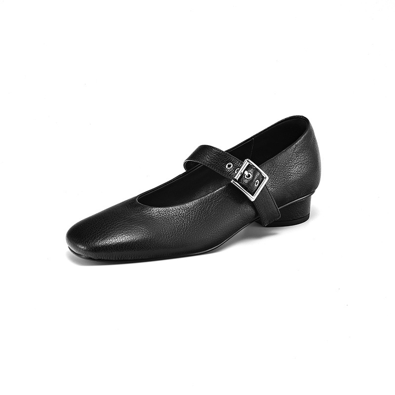 Giày Mary Jane nữ da cừu mũi tròn gót thô thấp, cỡ lớn 34–41 — Màu nâu
