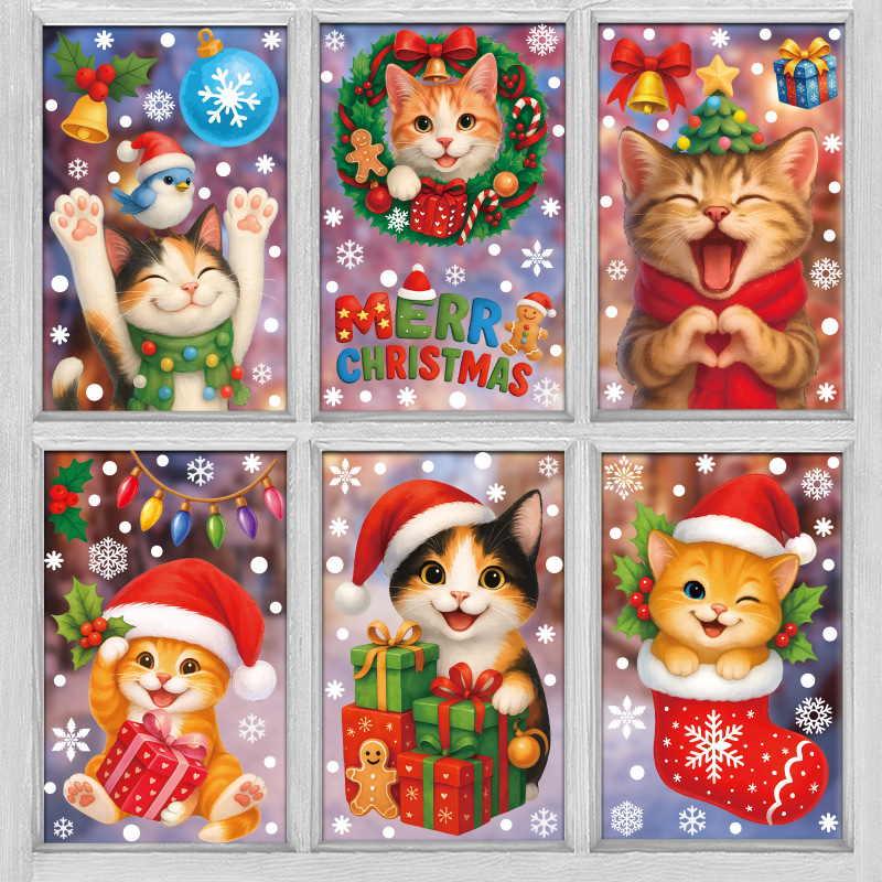 Amazon クリスマスステッカークリエイティブ子猫静電ステッカークリスマスパーティー用品スノーフレークベルガラスステッカー|undefined
