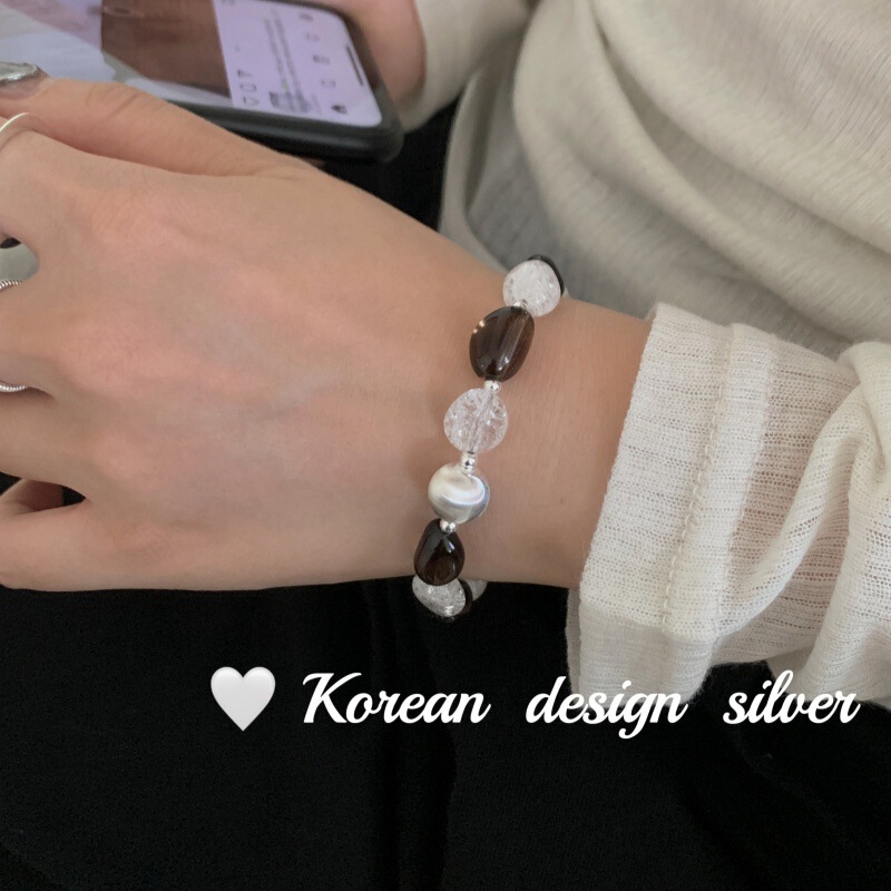 Korean Style Light Luxury Niche Design S925 Sterling Silver Tea Crystal Ice Pattern Stone Brushed Bracelet High-grade Women's Handmade Bracelet