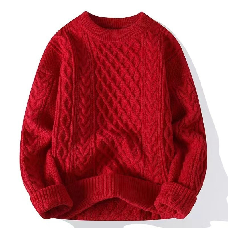 Christmas Round Neck Knitted Sweater for Men in Winter Large Size Fleece-Lined Thickeneded Loose Inner Layer Plus Fat Thick Woolen Twist Sweater