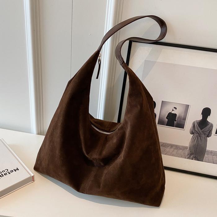 Bolso Tote de Gamuza de Cuero PU, Gran Capacidad, Cierre con Cremallera, para Viajes y Uso Casual