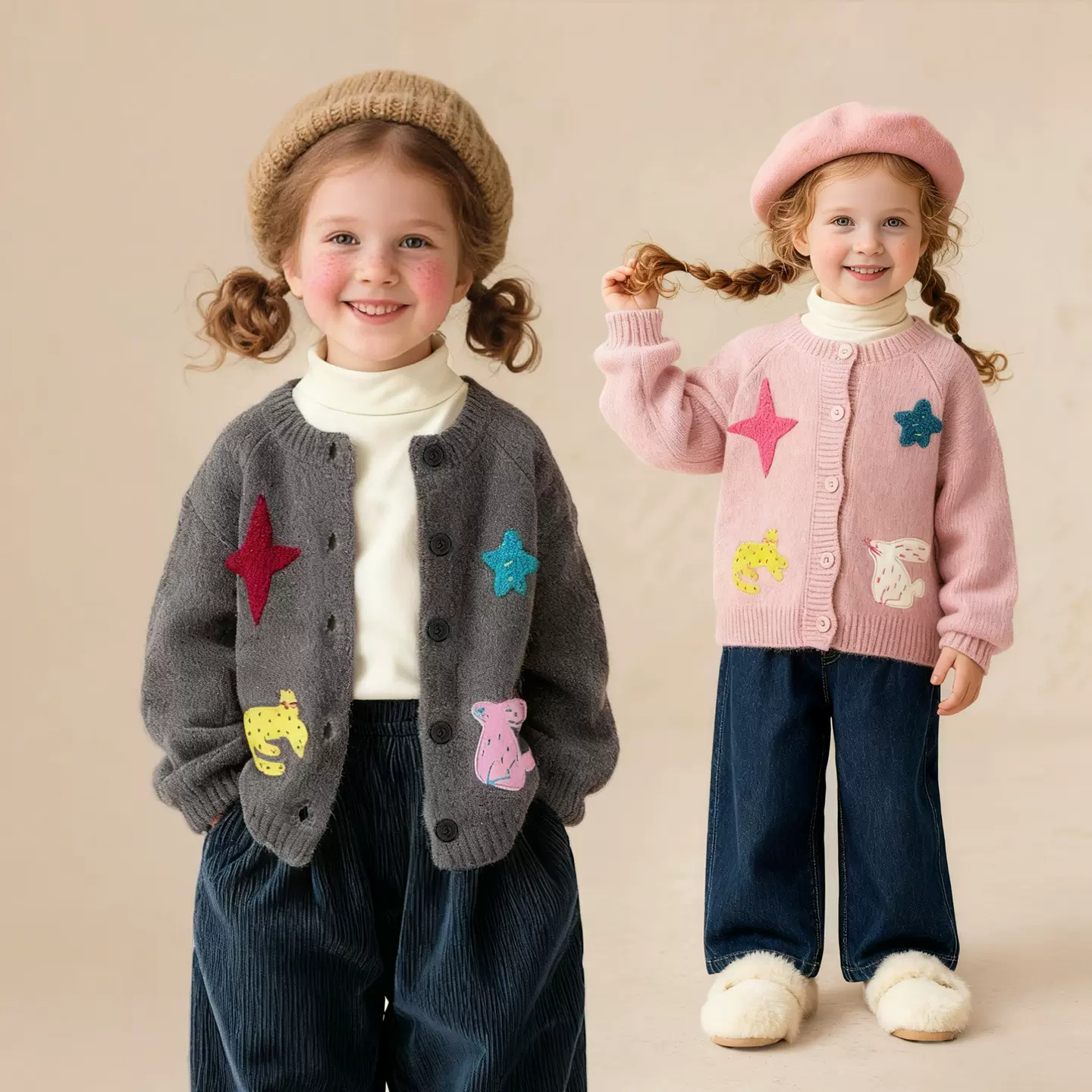 童贝童装2025年冬季新款女童开衫毛衣可爱卡通图案保暖针织衫