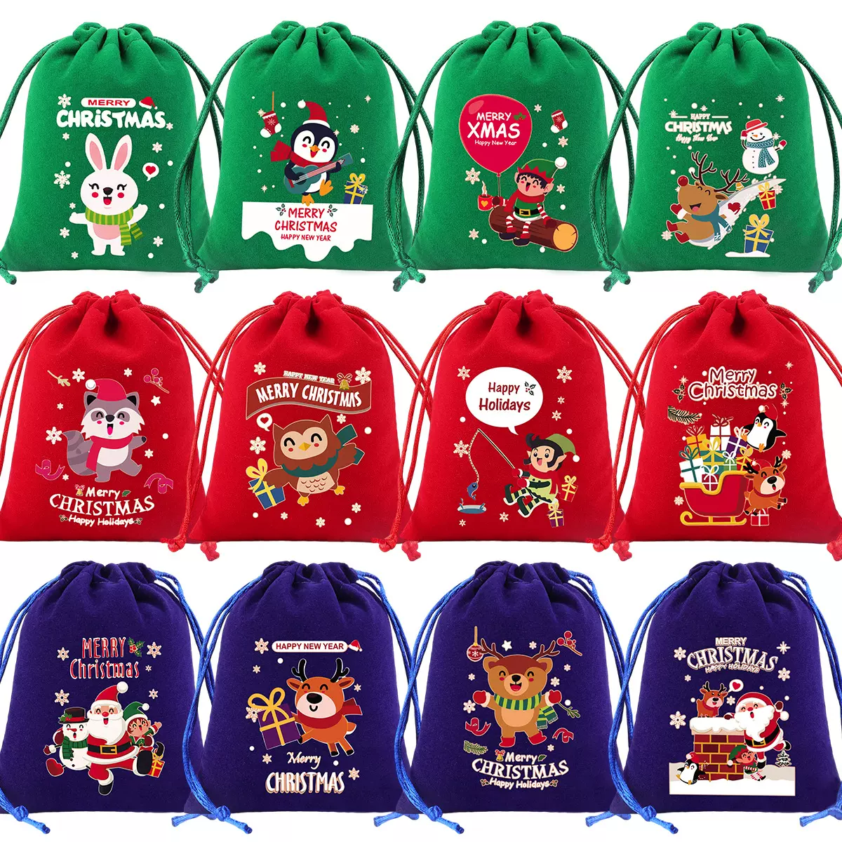 12pcs跨境新品圣诞绒布礼品袋儿童糖果袋圣诞节苹果袋抽绳包装袋