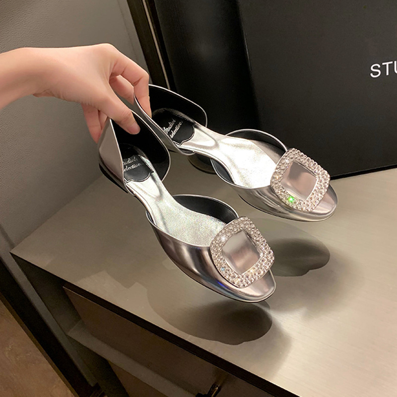 French Square Buckle Rhinestone Hollow Round Toe Flats Shallow Mouth Silver Flats Women's 2025 Summer New Flats Flats
