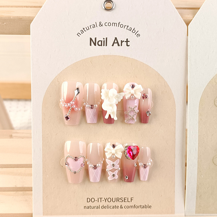 ABS Material Cute French Style Sweet Plaid Heart Shape Bow Knot ABS Press-on Nails 1 Set