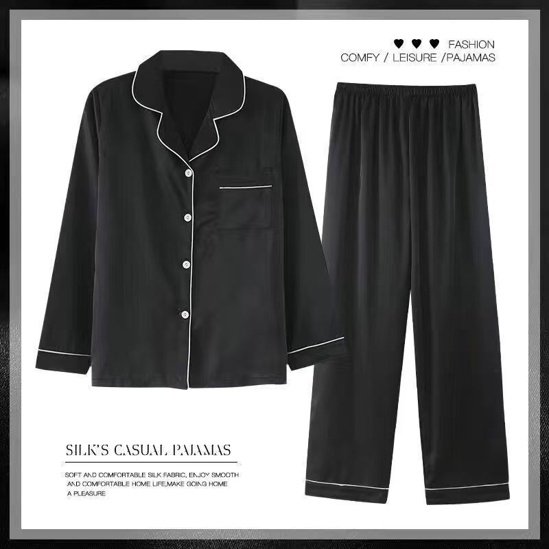 Couple Pajamas for Women Spring & Fall Ice Silk Long-Sleeved Thin Imitation Silk Home Clothes Spring and Summer Men's Black and White Suit Couple Pajamas for Women Spring & Fall Ice Silk Long-Sleeved Thin Imitation Silk Home Clothes Spring and Summer Men's Black and White Suit
