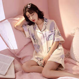 日韩系睡衣女新款可爱减龄风休闲大码开衫短袖短裤学生家居服套装