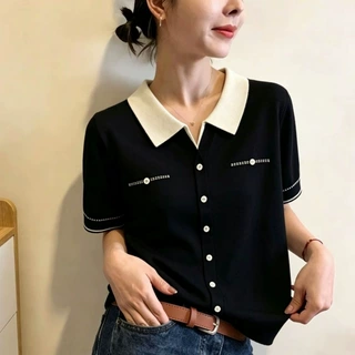 鸿8479韩系休闲POLO领百搭冰丝针织衫时尚撞色显瘦减龄短袖T恤女
