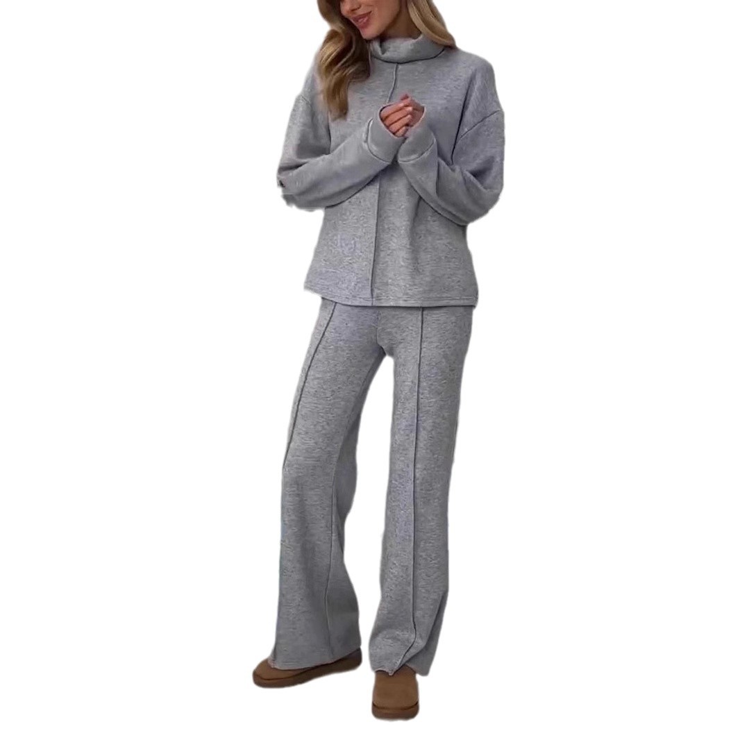 Damenbekleidung Herbst und Winter einfarbig lässig vielseitig Strickanzug hoher Kragen langärmelige Oberteile Hosen Damen_voghion.com