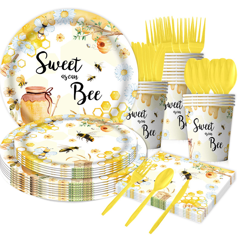 Cross-Border Hard-Working Little Bee Theme Birthday Party Decoration Tableware Set Cartoon Party Supplies Layout Paper Banner