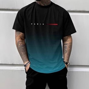 Street Trendy Design 2025 Summer Men's Versatile Gradient Letter Print Crew Neck T-Shirt