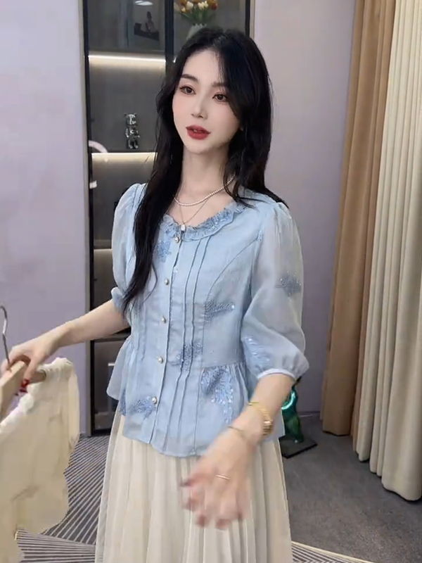 时尚花边圆领衬衫女2025早秋新款洋气显瘦外贸宽松遮肚百搭上衣潮|undefined