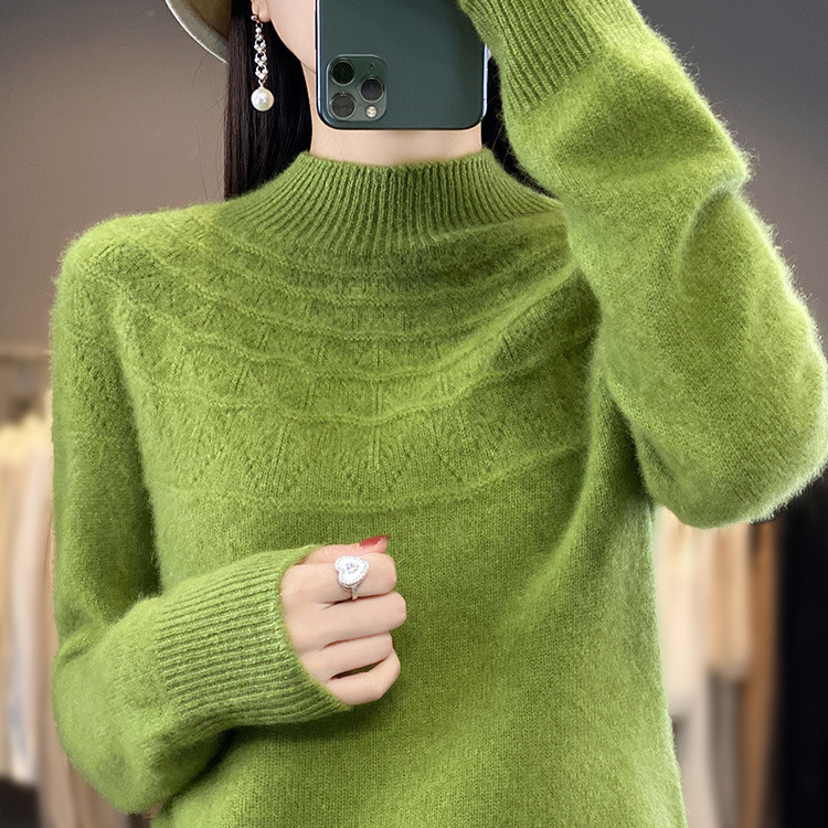 Cross-border wholesale of premium seamless autumn and winter hollow-out half-high-neck pullover long-sleeve knit sweaters
