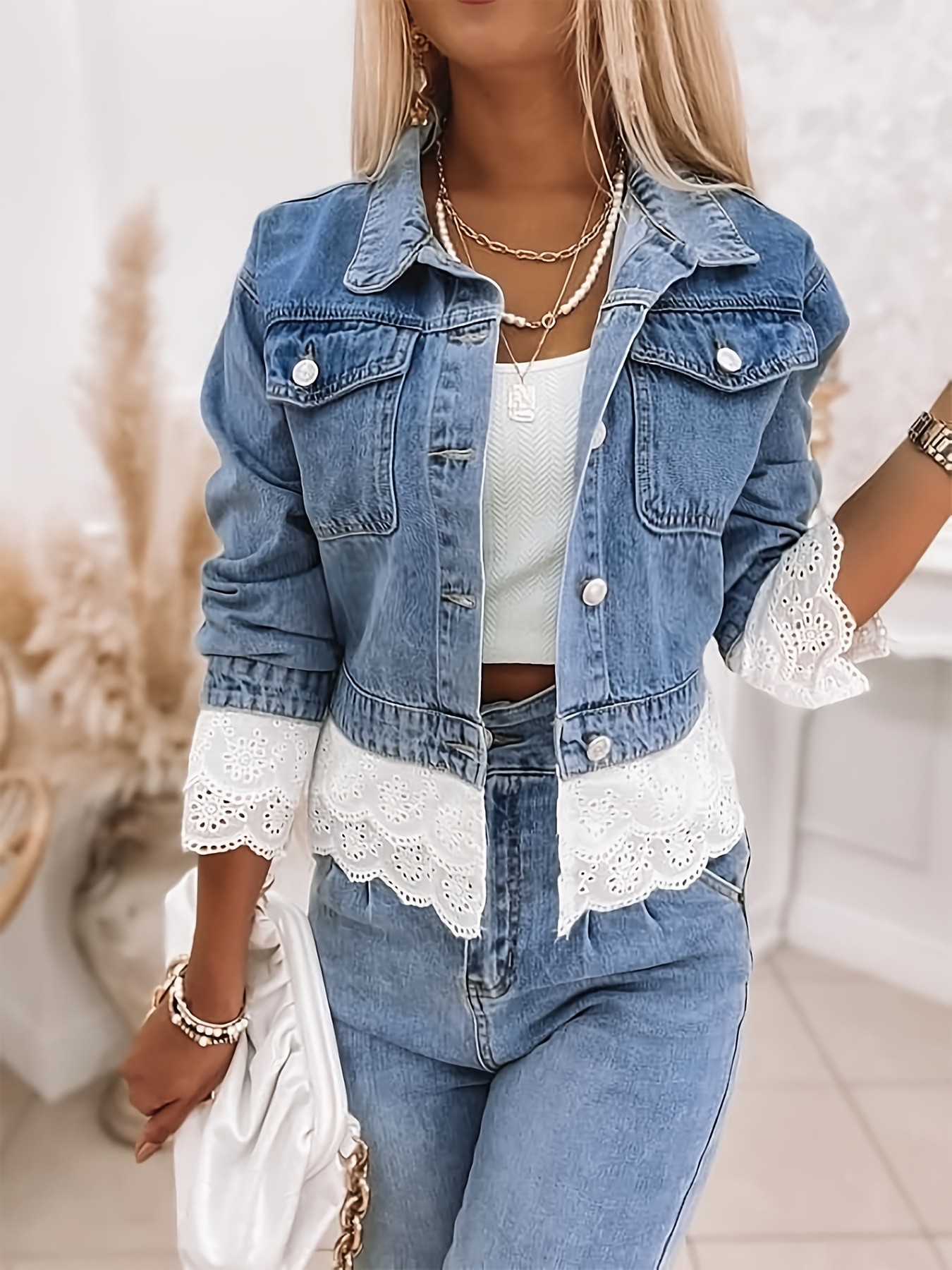 Women's Denim Jacket Plus Size Lace Patchwork Long Sleeve Top_voghion.com
