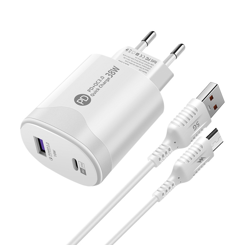Certificado CE transfronterizo 38W cargador de carga rápida cable de datos dual C de Android PD20W cargador de carga directa para teléfono inteligente