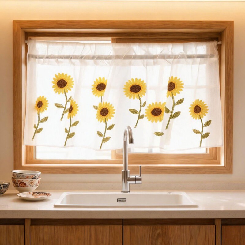 Cross-border three-dimensional plant embroidered sheer curtains, fresh and simple short curtains in coffee color, versatile cotton-linen embroidered sheer curtains, coffee-colored curtains Cross-border three-dimensional plant embroidered sheer curtains, fresh and simple short curtains in coffee color, versatile cotton-linen embroidered sheer curtains, coffee-colored curtains