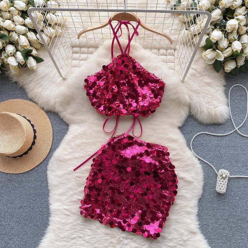 Light Luxury Style Suit for Women, Sequined Camisole, Short Versatile Skirt, Two-Piece Skirt Suit for Socialites